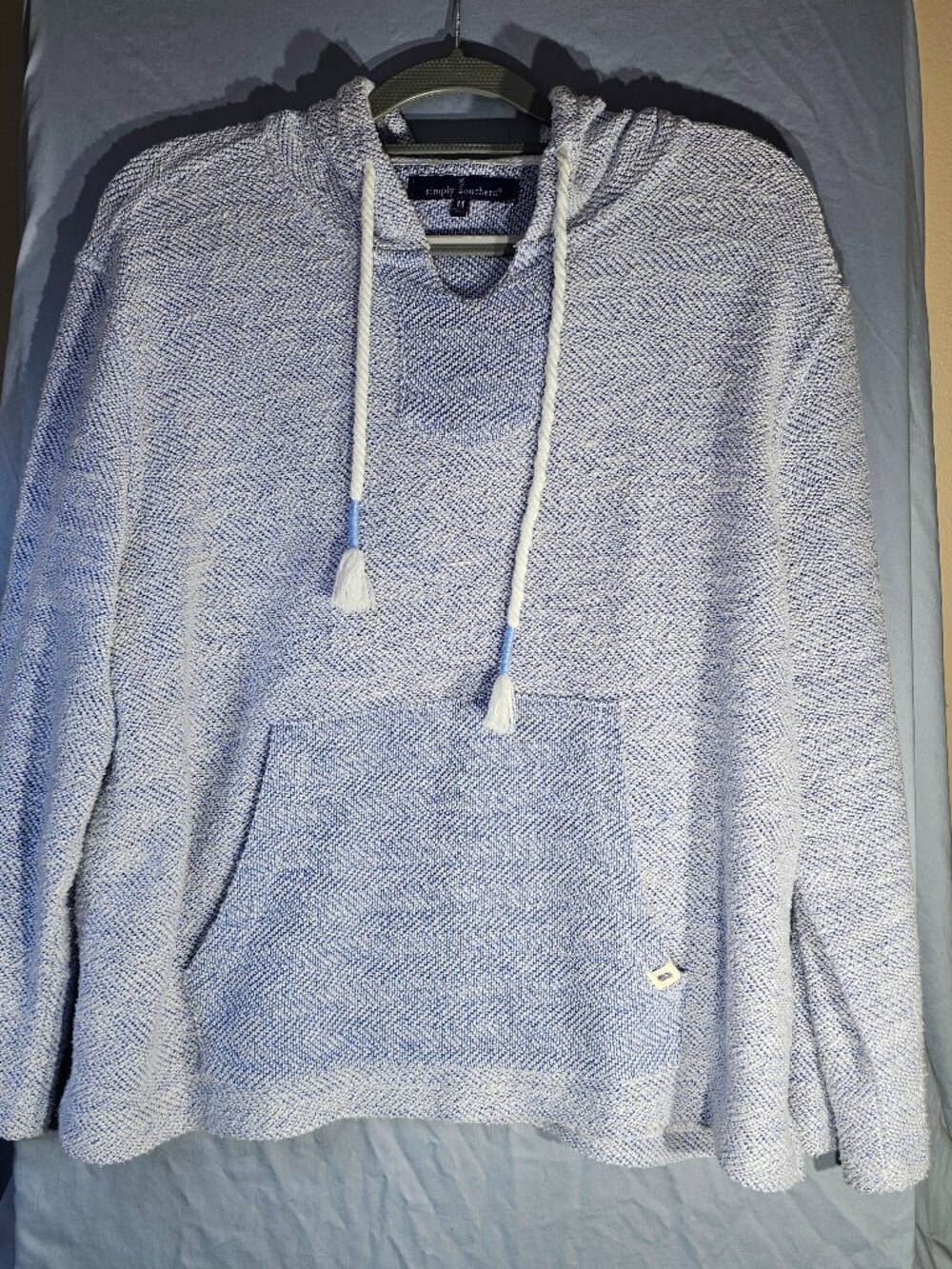 Simply Southern Knit Hoodie Pullover Sweater Blue White Women's Medium Pocket